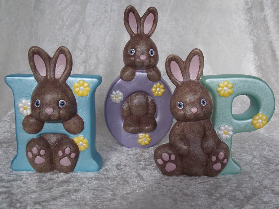 Ceramic Hand Painted 'HOP' Letters Word Brown Bunny Rabbits Animal Ornament Set.