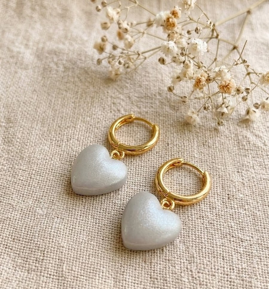 Silver Heart Hoop Earrings - Shimmer Clay Jewellery - 18k Gold Plated
