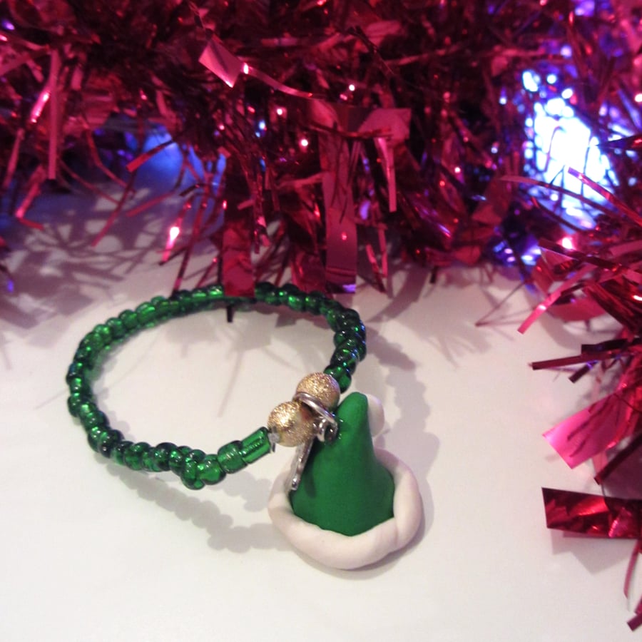 SALE Retro Christmas themed Elf's hat charm bracelet handmade, unique,quirky,