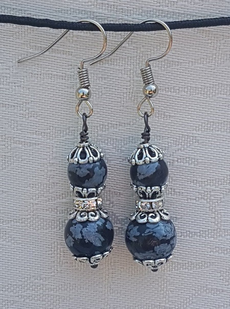 Beautiful Snowflake Obsidian and crystal earrings