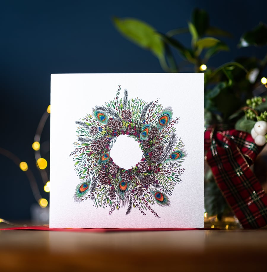 Christmas Peacock Wreath single festive card