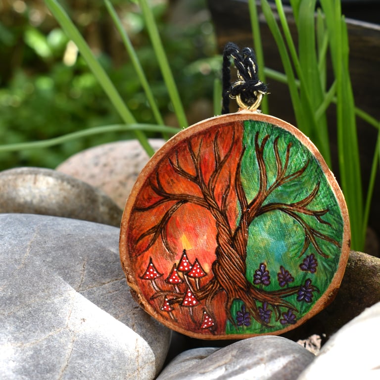 Summer to Autumn Tree, Pyrography with colour wood slice hanging decoration.