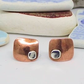 Square copper and sterling silver stud earrings handmade