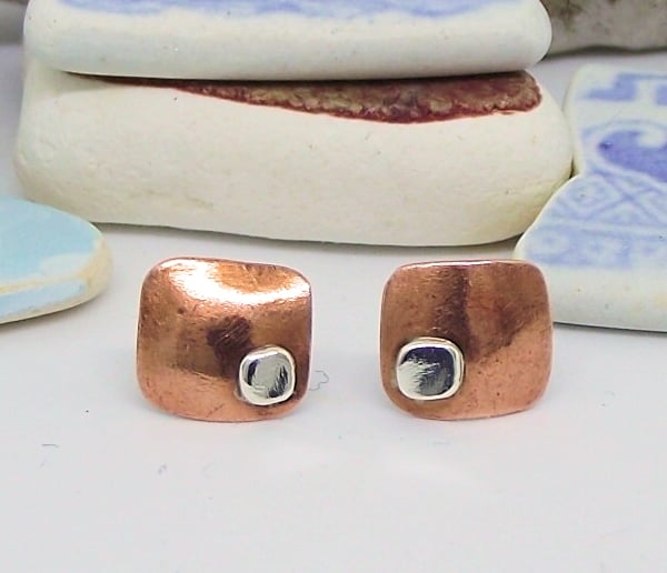 Square copper and sterling silver stud earrings handmade