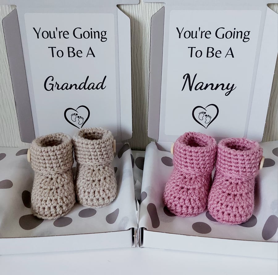 Pregnancy Announcement to Nanny or Grandad – Crochet Baby Booties in Gift Box