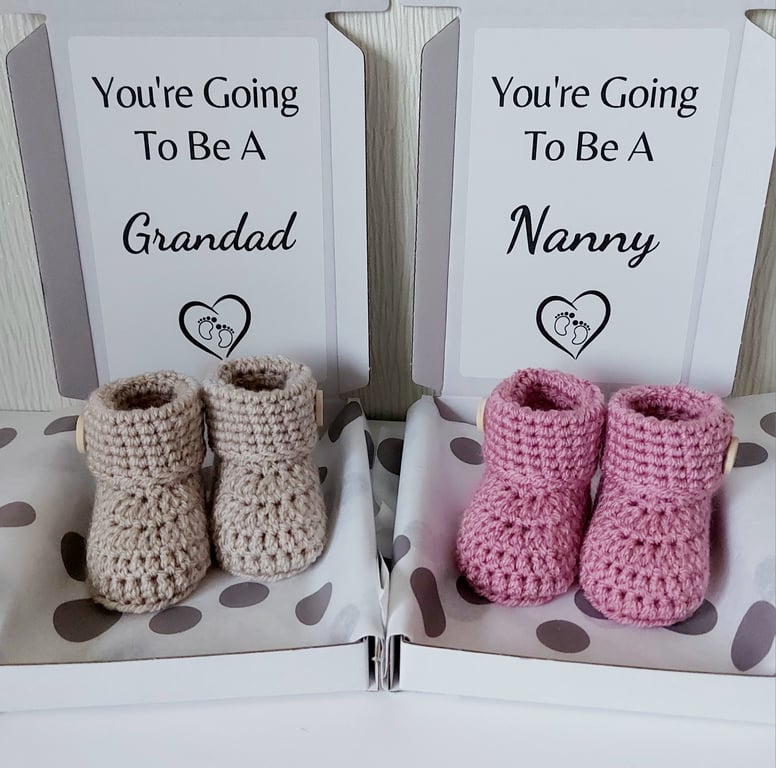 Pregnancy Announcement to Nanny or Grandad – Crochet Baby Booties in Gift Box