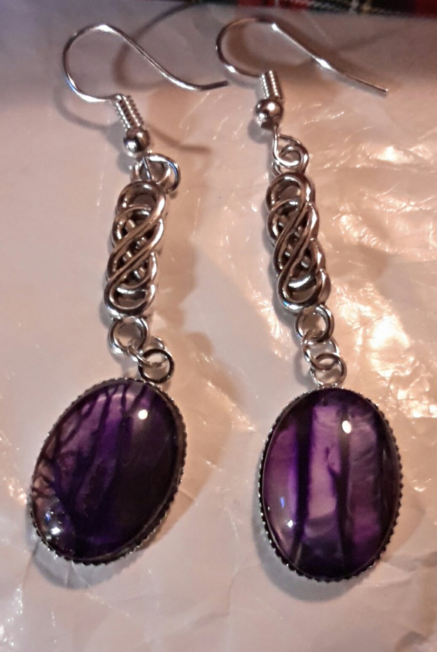 Handmade fluid art oval drop earrings, purple