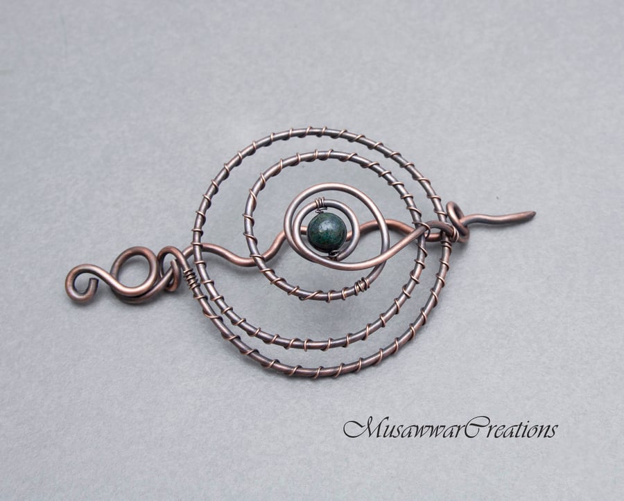 Antique Copper Spiral bun cage ,Chrysocolla Azurite hair bun holder, hair bun 