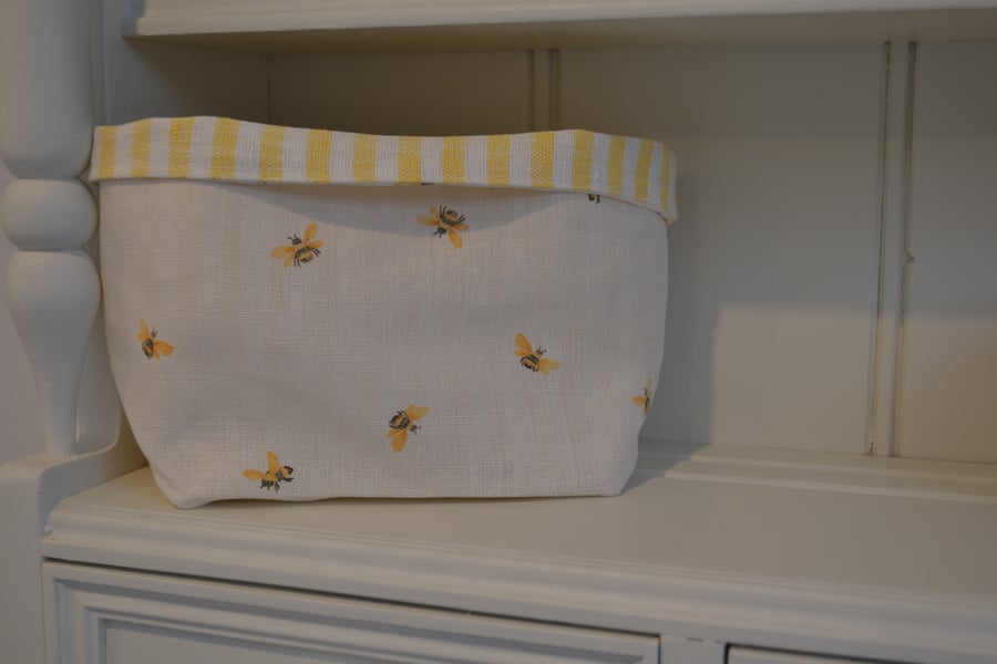 Peony and Sage Honey Bee linen fabric basket with a striped linen lining 