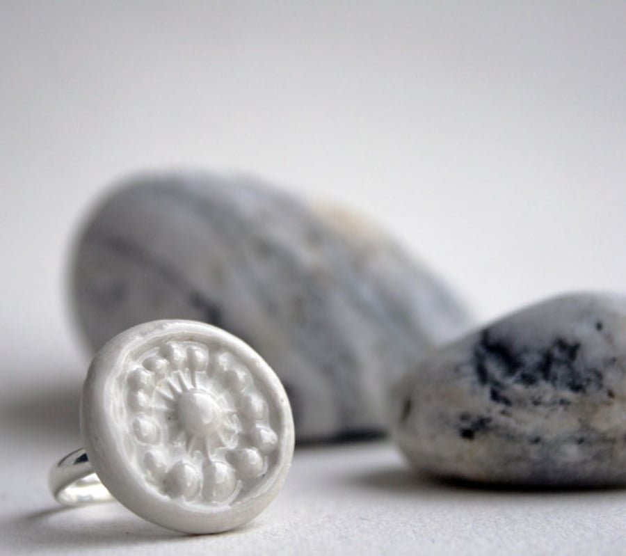 Handmade Ceramic flower ring - white porcelain ring - dandelion seed head
