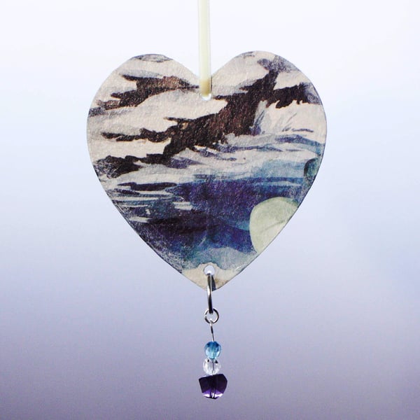 Wooden Heart Hanging Ornament Rocky Seascape Abstract Design Decoupage