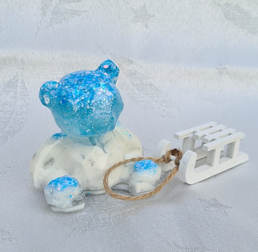 Gorgeous Winter Chill Resin Art Bear with Sledge.
