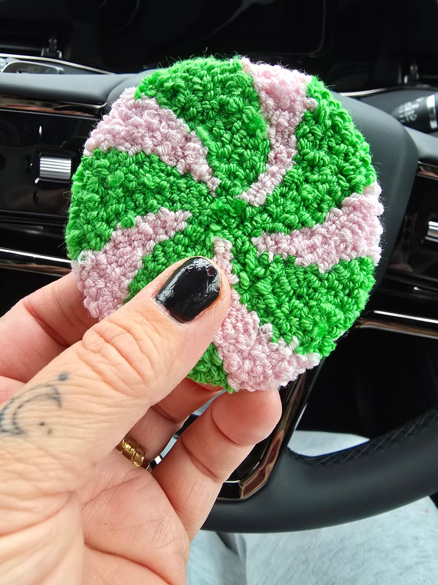 Green and Pink  Candy Cane Christmas Punch Needle Car Coaster