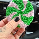 Green and Pink  Candy Cane Christmas Punch Needle Car Coaster
