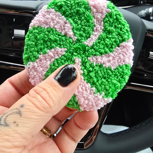 Green and Pink  Candy Cane Christmas Punch Needle Car Coaster