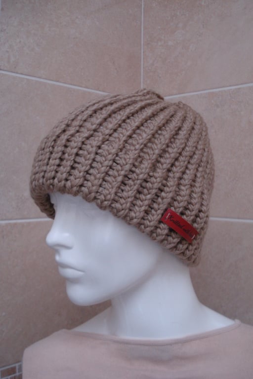 Hand Knitted On A Loom Camel Coloured Chunky Hat (A29)