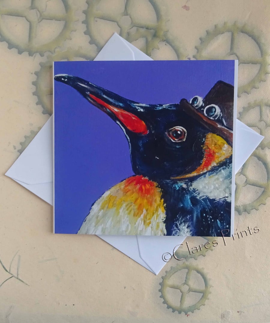 Steampunk Penguin Art Greeting Card From my Original Painting