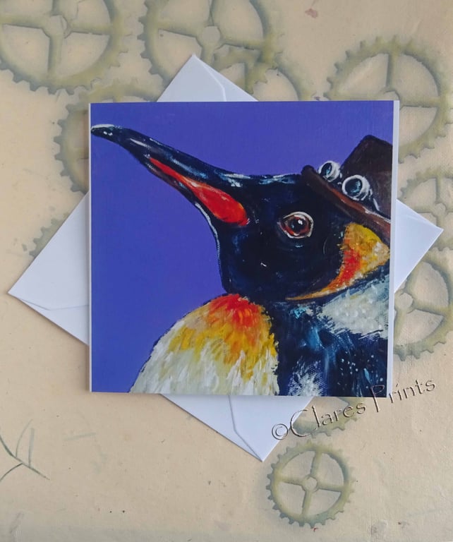 Steampunk Penguin Art Greeting Card From my Original Painting
