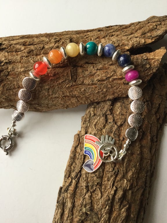 Rainbow Pride semiprecious stone charm bracelet, rainbow chakra bracelet 