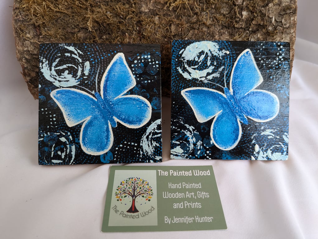 Hand Painted Oak Wood Coaster Set of 2, Blue Butterflies