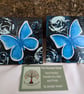 Hand Painted Oak Wood Coaster Set of 2, Blue Butterflies - Image 1