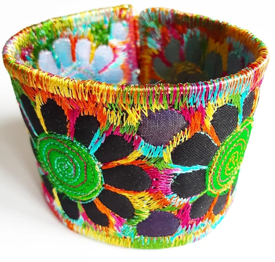 Cuff - Fabric Bracelet with Free Machine Embroidery with Flowers