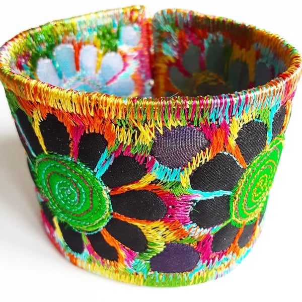 Cuff - Fabric Bracelet with Free Machine Embroidery with Flowers