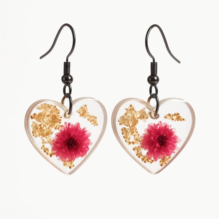Pink Flower Heart Resin Earrings – Gold Leaf Romantic Dangles
