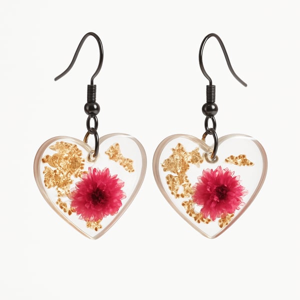 Pink Flower Heart Resin Earrings – Gold Leaf Romantic Dangles