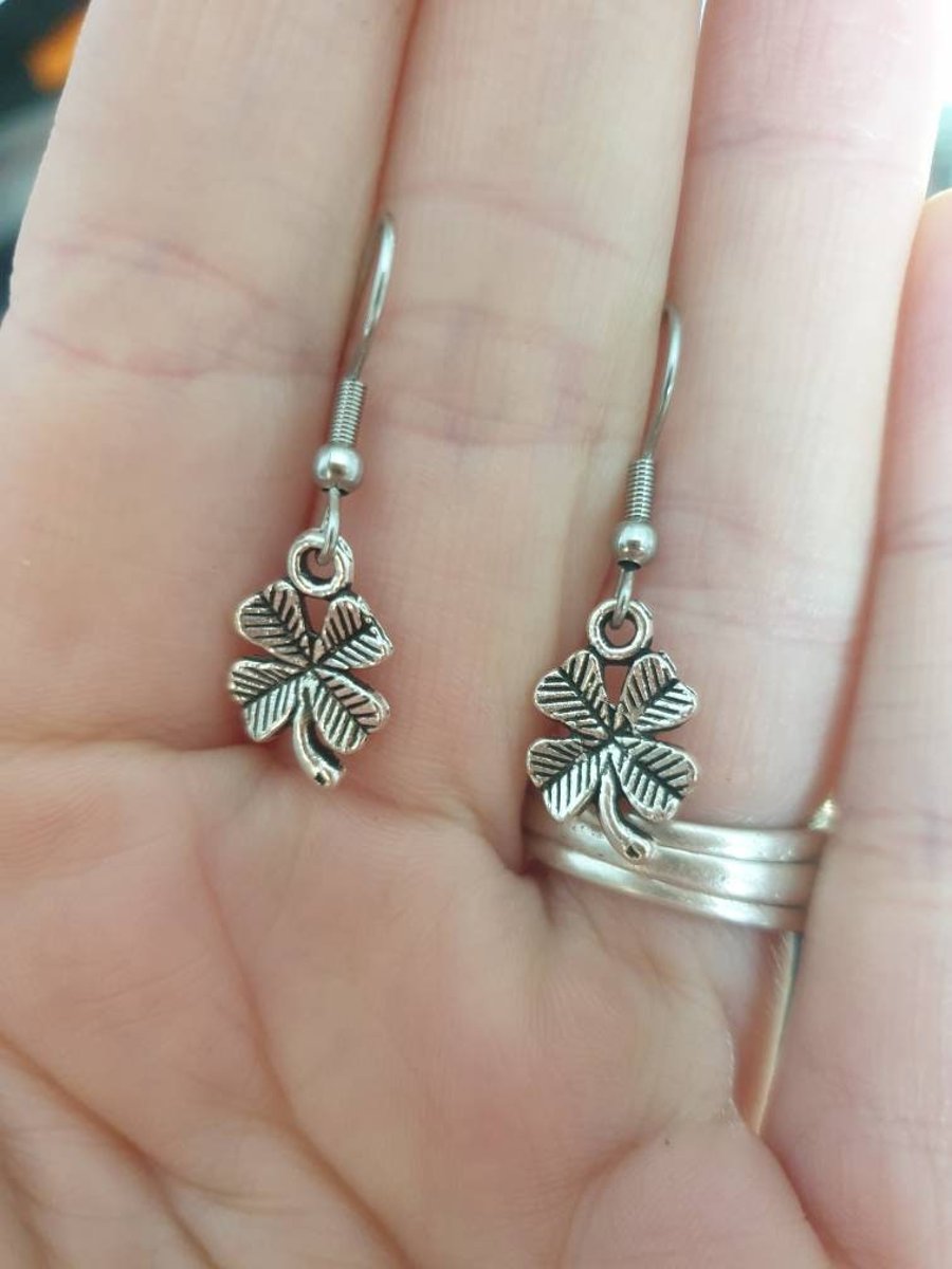Antique Silver Four Leaf Clover Dangly Charm Earrings - Gift Bag - Good Luck