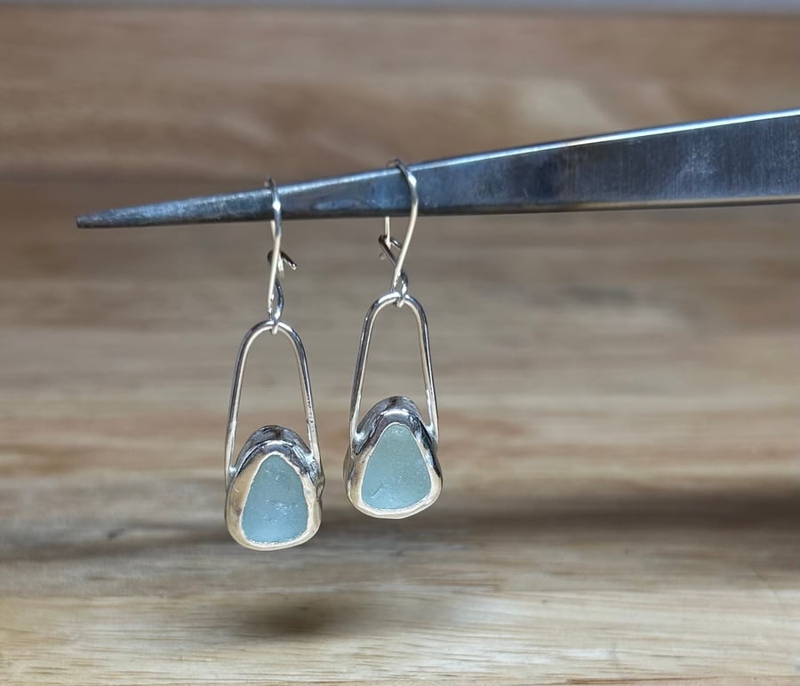 Handmade Sterling Silver Dangle Earrings with Pieces of Aqua Welsh Sea Glass