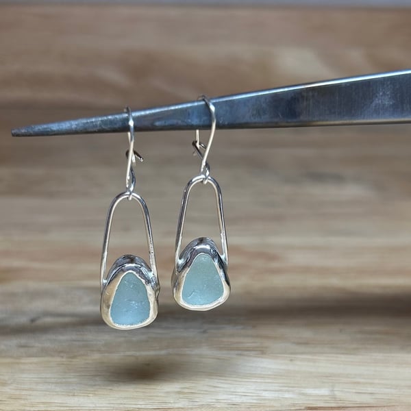 Handmade Sterling Silver Dangle Earrings with Pieces of Aqua Welsh Sea Glass