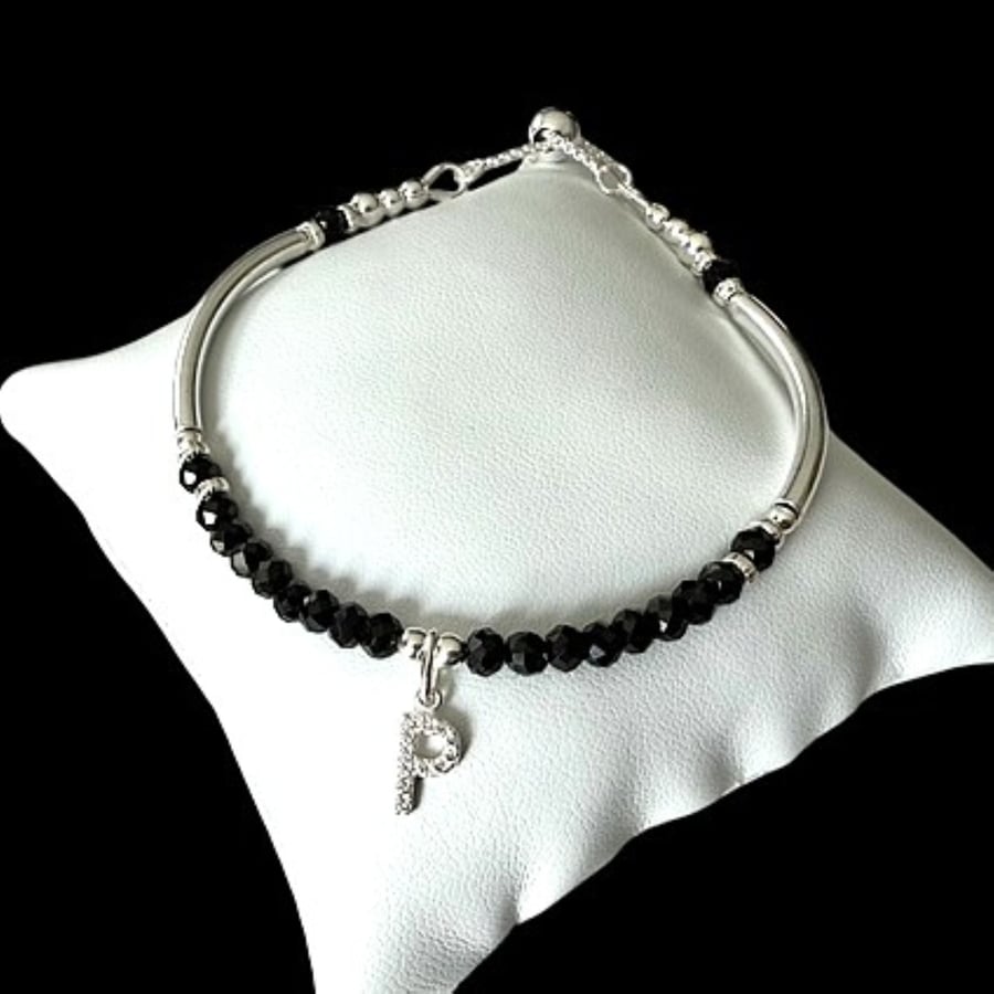 Black Spinel & Sterling Silver Noodle Bracelet with CZ Letter Charm – Adjustable