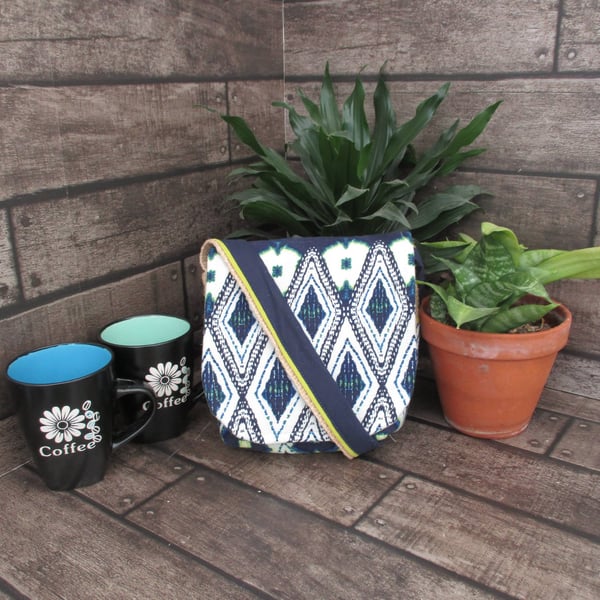 Upcycled Coffee Sack - Mini Shoulder Bag - Blue pattern