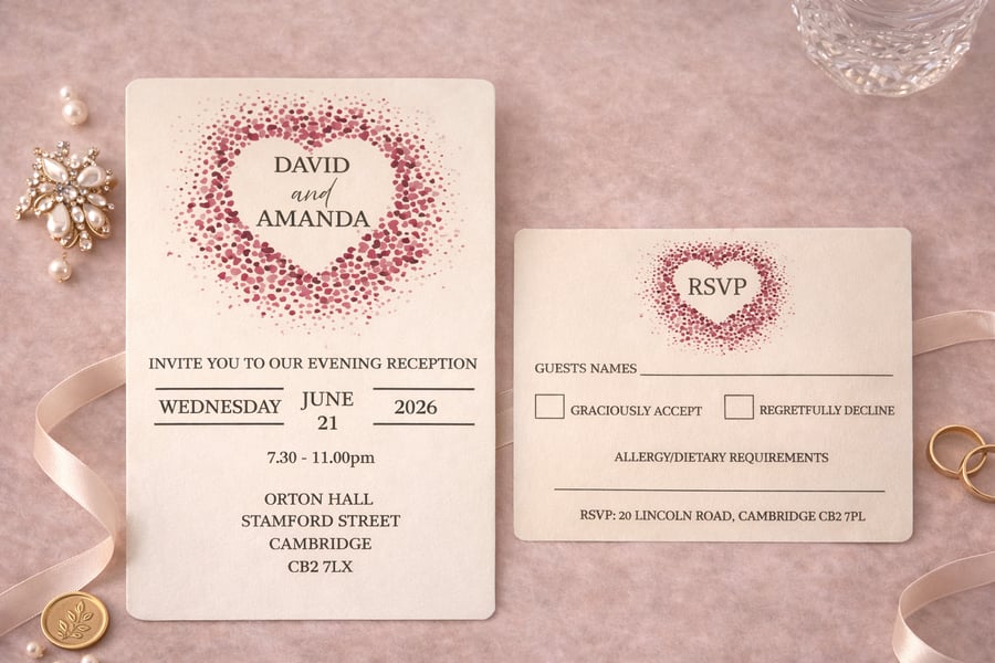 Evening Wedding Invitation & RSVP Set  Card Heart Design