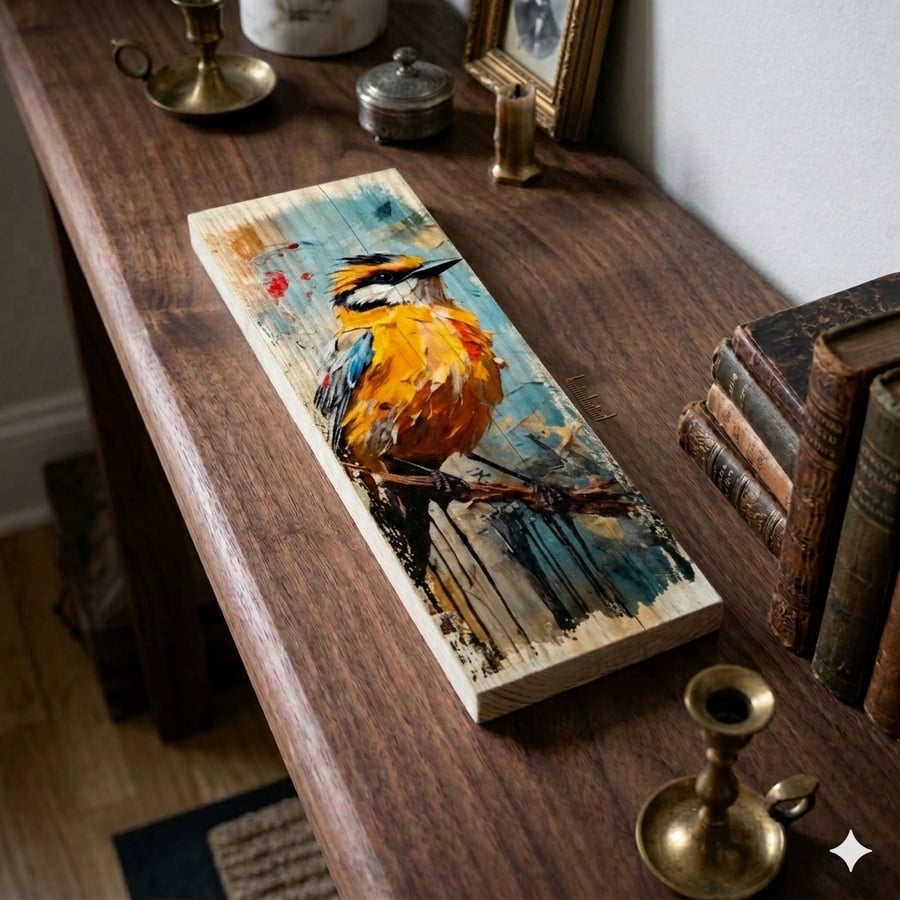 Colorful Abstract Bird on Branch Vibrant Nature Wood Wall Art