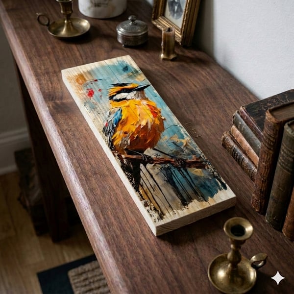 Colorful Abstract Bird on Branch Vibrant Nature Wood Wall Art