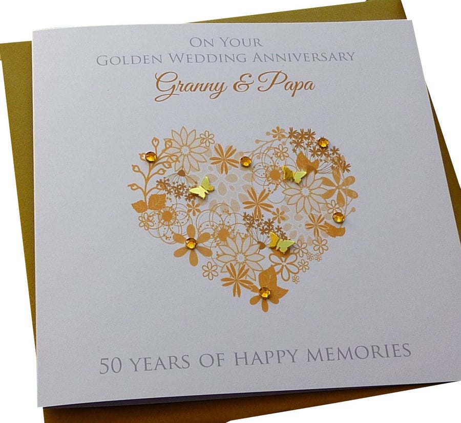 Personalised Handmade Gold- 50th Wedding Anniversary Heart Card