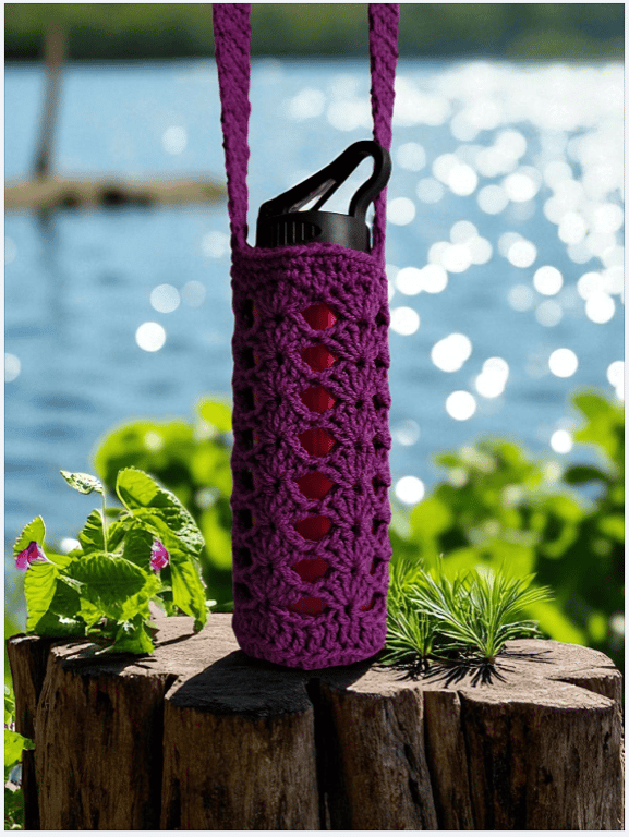 Hand Crochet Water Bottle Holder Crossbody Water Bottle Carrier - Plum