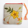Oatmeal linen coin purse with hand embroidered Suzie design