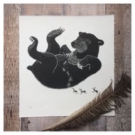 'Tummy Tickles' Sun Bear Original Lino Print 