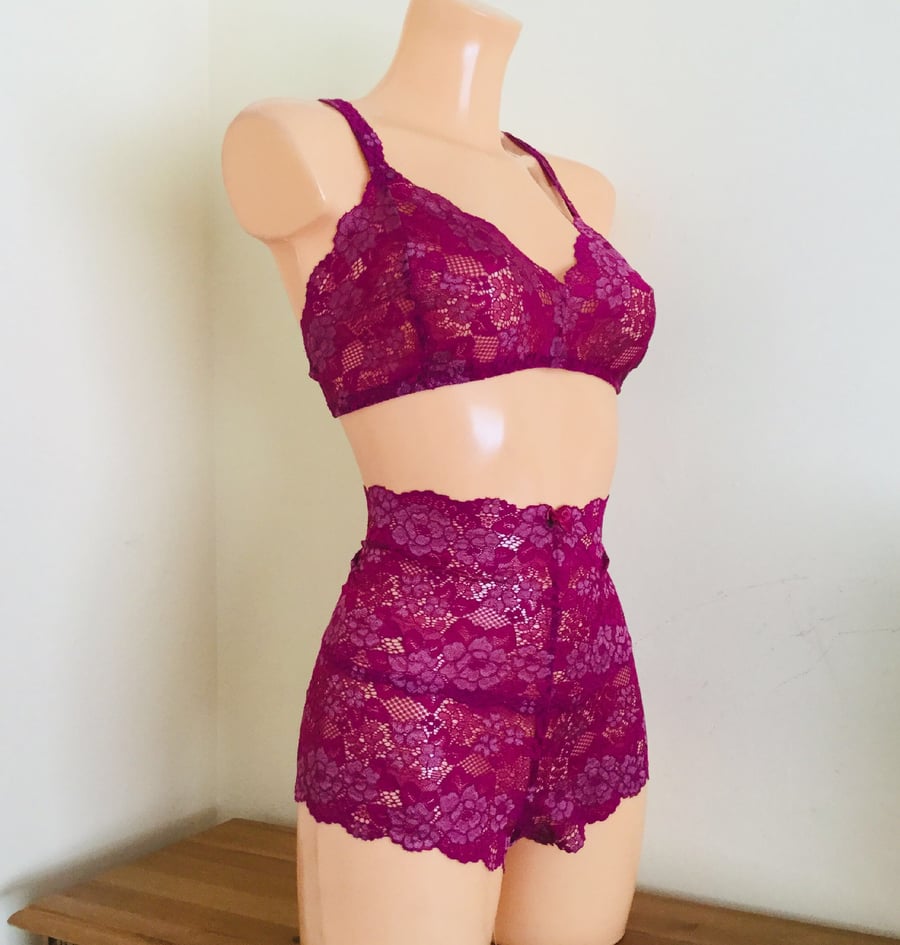 Plum wine retro bralette and high waisted shortie set