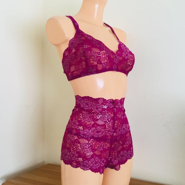 Plum wine retro bralette and high waisted shortie set