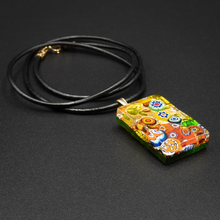 Venetian Murano glass gold mille fiori leather pendant necklace
