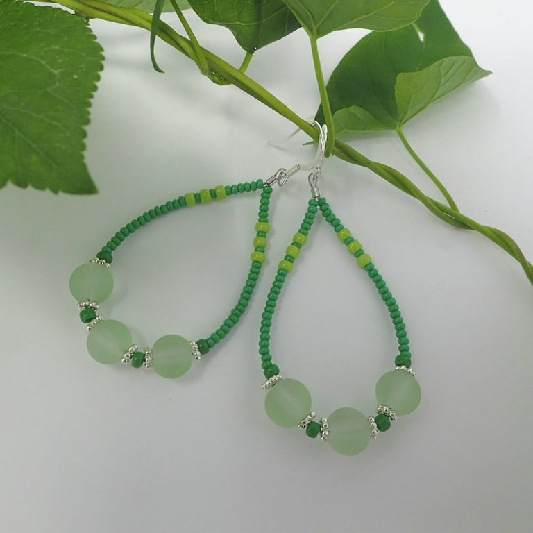 Bright Green Beaded Teardrop Hoop Earrings