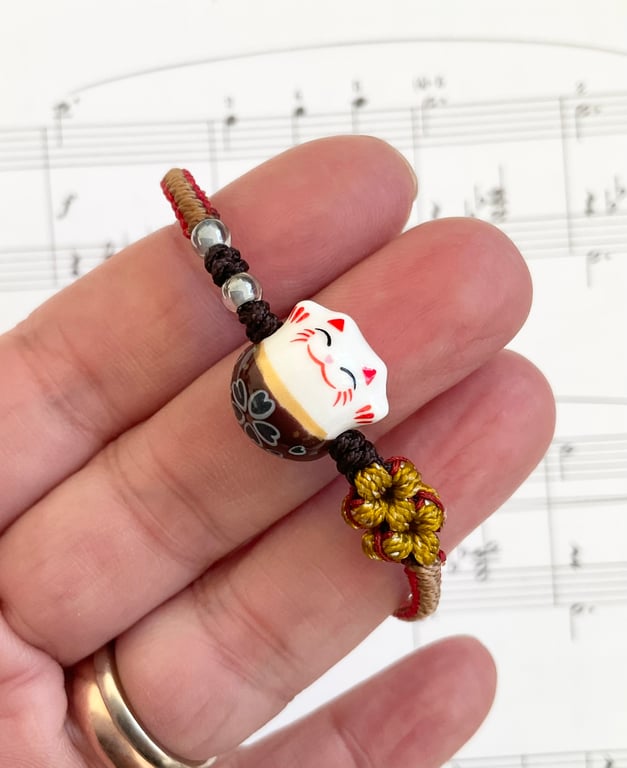 Handmade Ceramic Japanese Lucky Cat Kawaii Bracelet (free length)