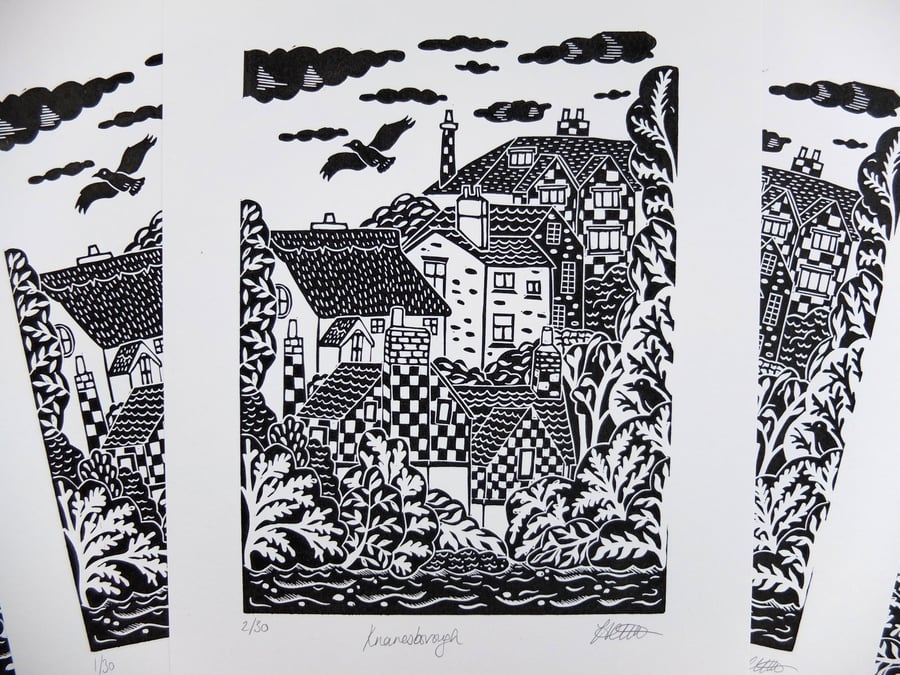 Knaresborough Houses Yorkshire Landscape Original Lino Print 