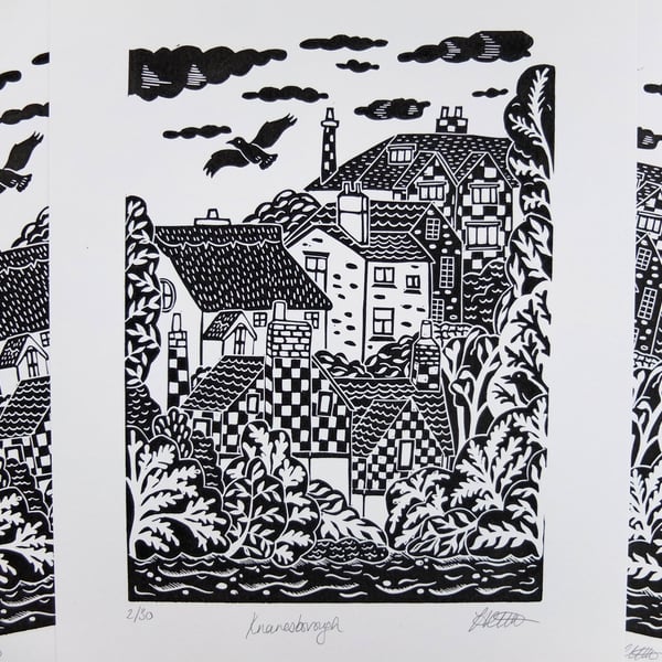 Knaresborough Houses Yorkshire Landscape Original Lino Print 