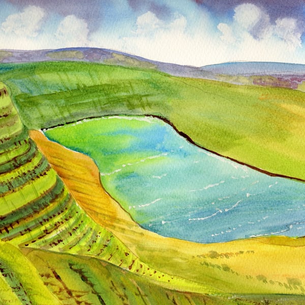 Llyn Y Fan Fach, Brecon Beacons, Watercolour Print, Size A3, in 20 x 16 '' Mount