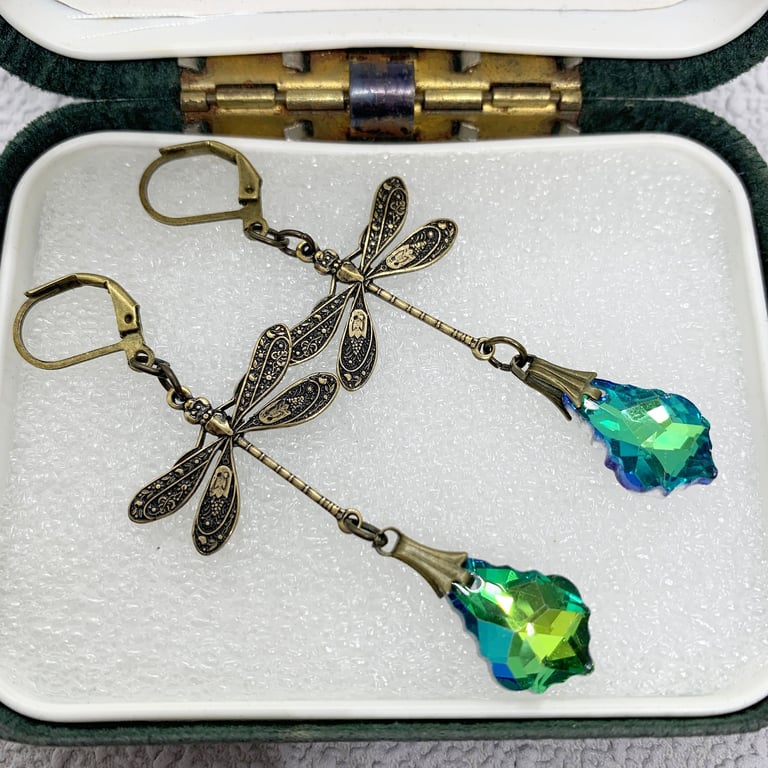 Vintage Style Antique Gold Dragonfly and Green Glass Crystal Drop Earrings